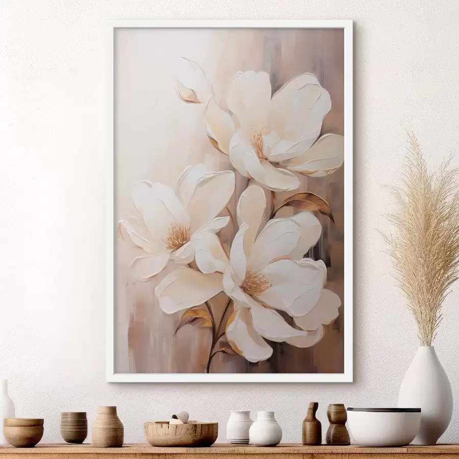 Fototapeta Białe kwiaty magnolii na miękkim, rozmytym tle w odcieniach beżu i brązu, elegancka kompozycja kwiatowa f45571