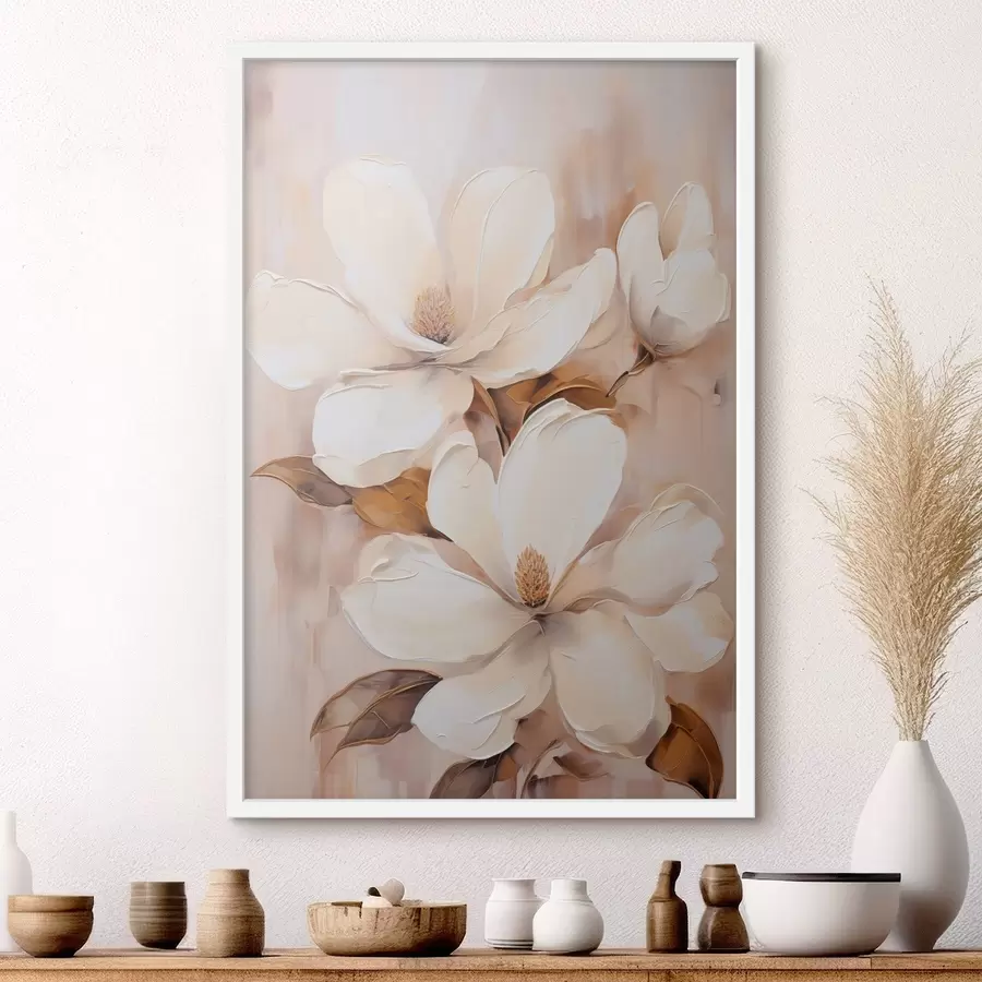 Fototapeta Białe kwiaty magnolii na miękkim, rozmytym tle w odcieniach beżu i brązu, styl malarski f45572