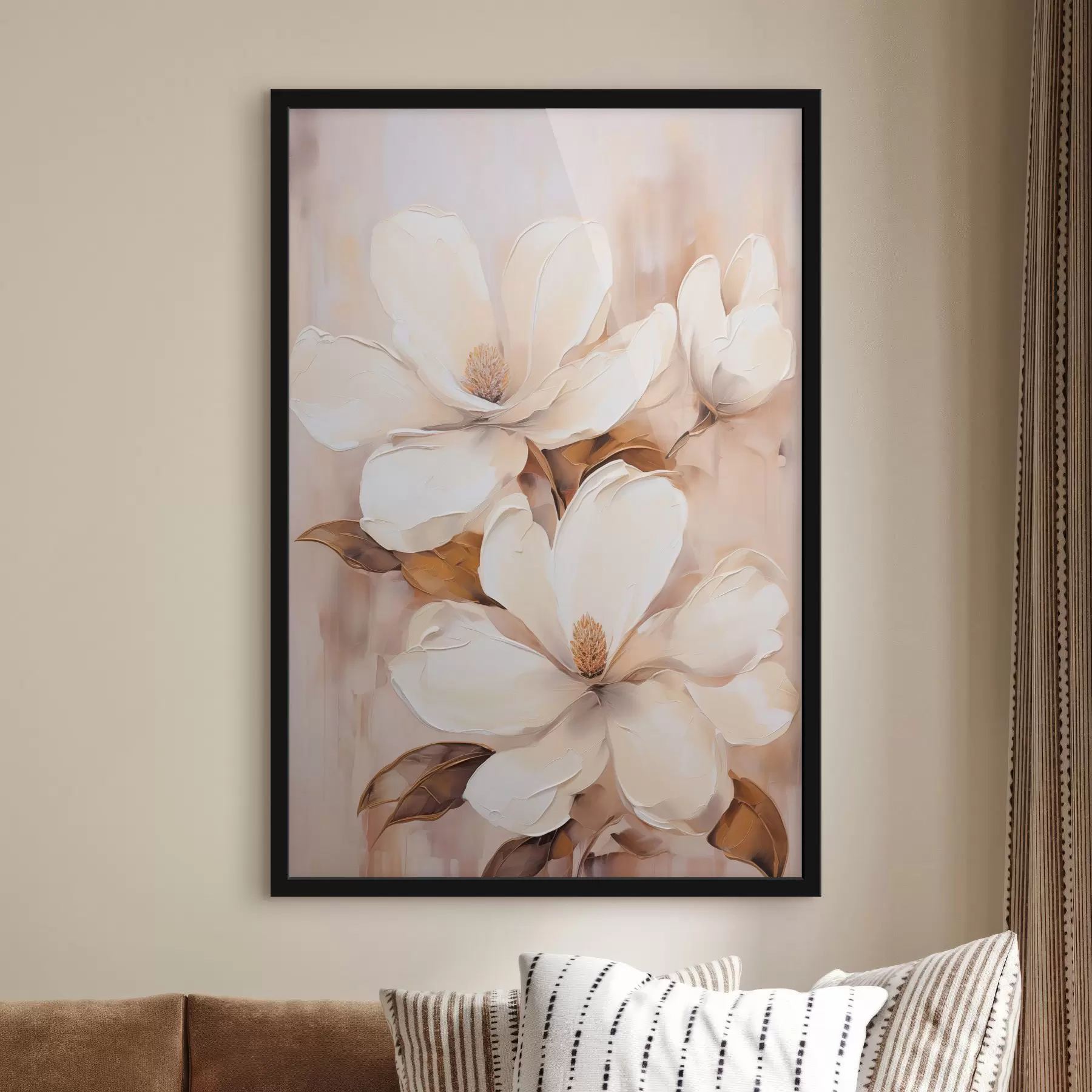 Fototapeta Białe kwiaty magnolii na miękkim, rozmytym tle w odcieniach beżu i brązu, styl malarski f45572