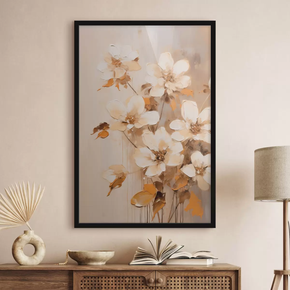Plakat Białe kwiaty z pomarańczowymi liśćmi, delikatne pociągnięcia pędzla, kompozycja kwiatowa, sztuka botaniczna f45574