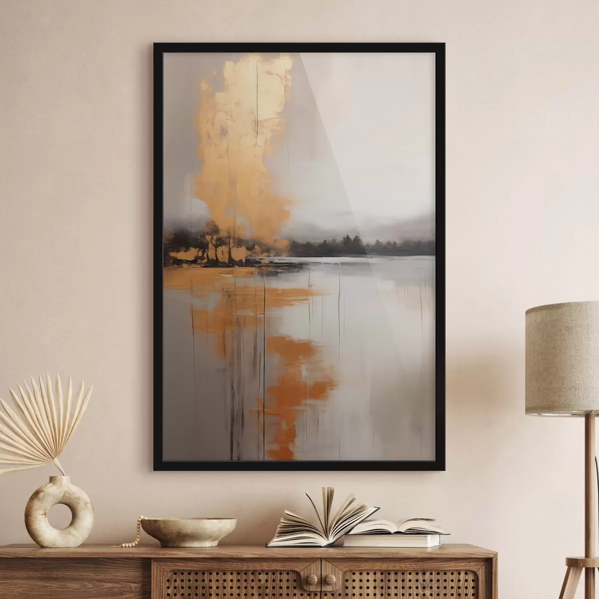 Plakat Abstrakcyjny krajobraz z jeziorem, drzewem i żółtą mgłą, woda odbija się i zachmurzone niebo f45575