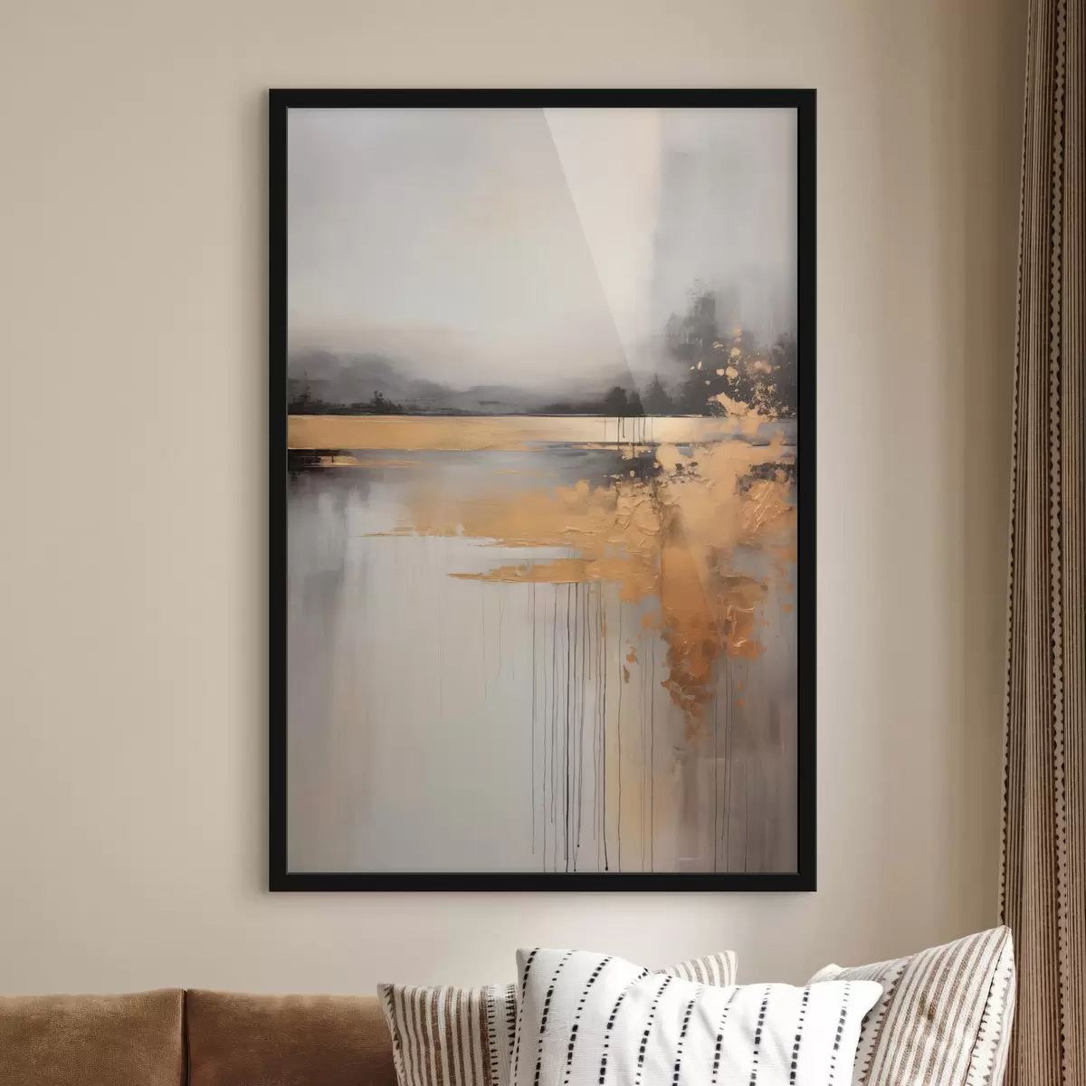 Plakat Abstrakcyjny teksturowany krajobraz z rzeką i ciemnymi drzewami w tle, niebo jest zachmurzone f45576