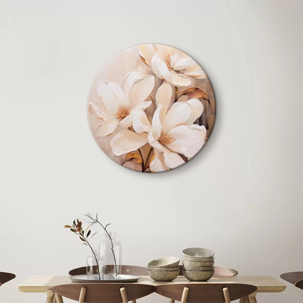 Okrągłe obrazy Białe kwiaty magnolii na miękkim, rozmytym tle w odcieniach beżu i brązu, elegancka kompozycja kwiatowa r45571