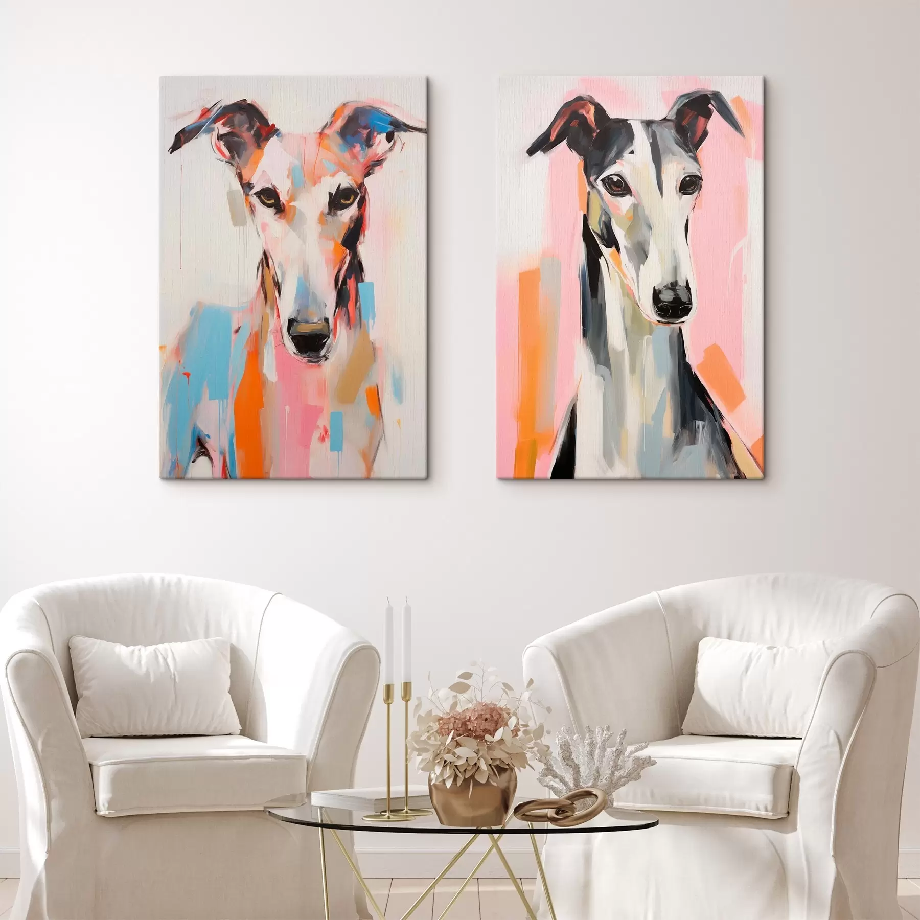 Obraz Pies rasy chart, pomalowany na żywe kolory, takie jak pomarańczowy, różowy i niebieski, na białym tle m00652