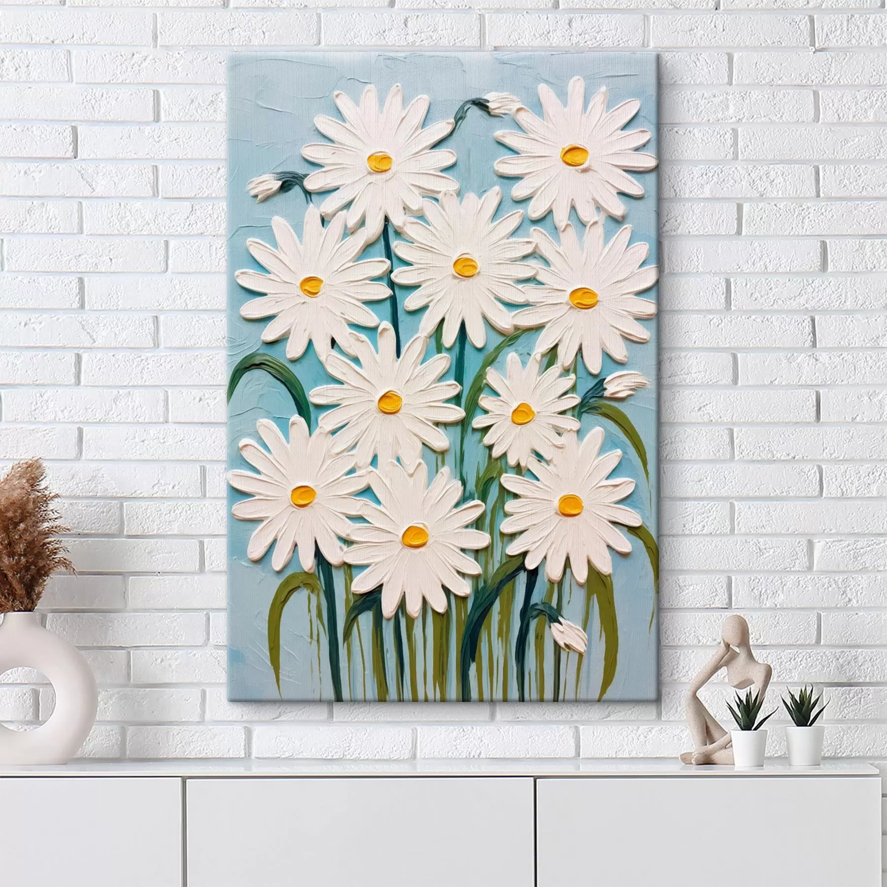 Obraz Stokrotki w stylu malarstwa reliefowego: kompozycja na niebieskim tle s45527