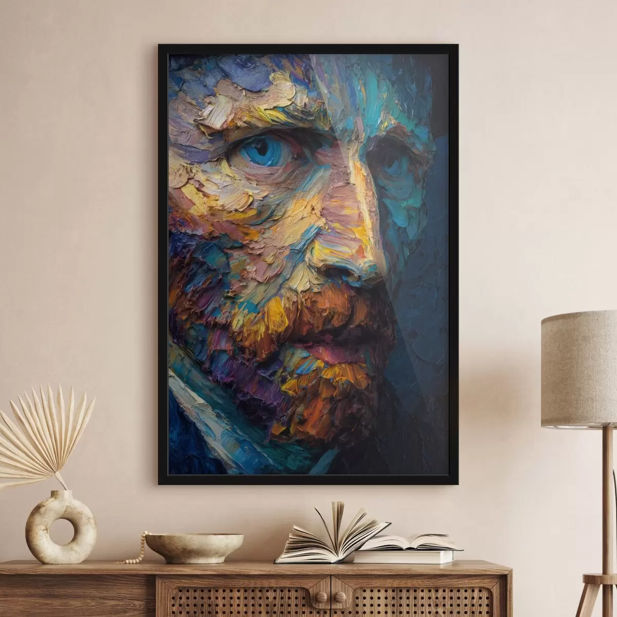 Plakat Dekoracyjny portret Van Gogha: reliefowy obraz w odcieniach niebieskiego i pomarańczowego f45546