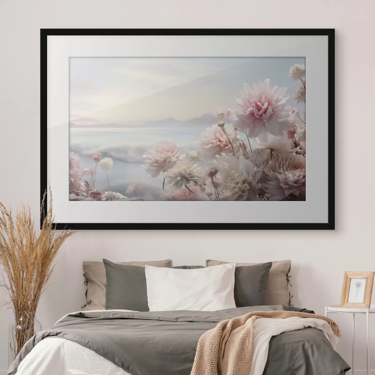 Plakat Delikatne różowe kwiaty nad morzem o świcie f45496