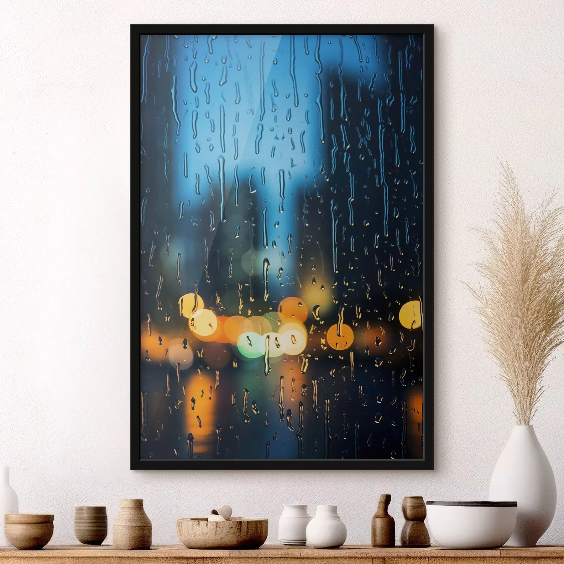 Fototapeta Krople deszczu na szybie z nocnymi światłami f45500