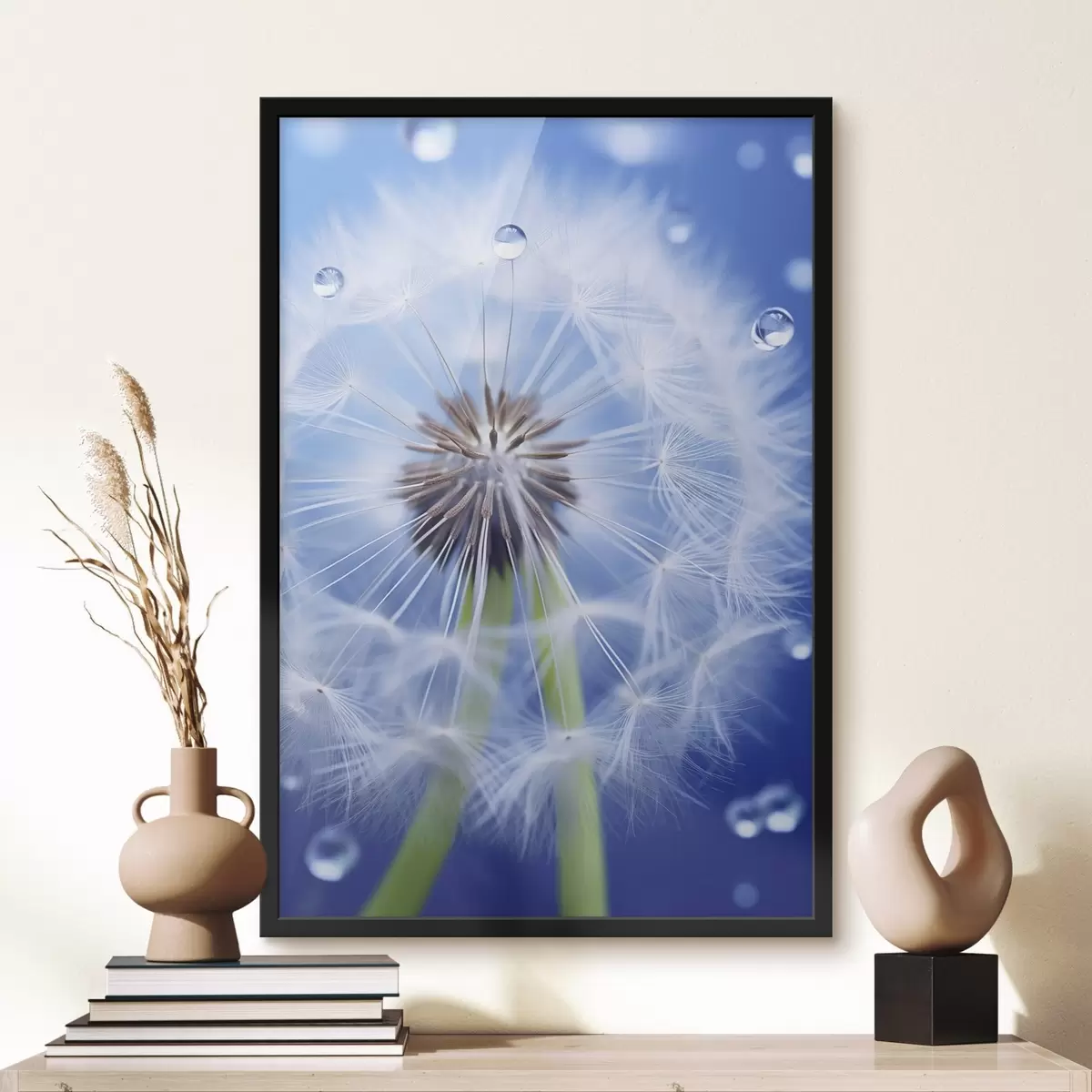Plakat Makro mniszka lekarskiego na niebieskim tle f45517