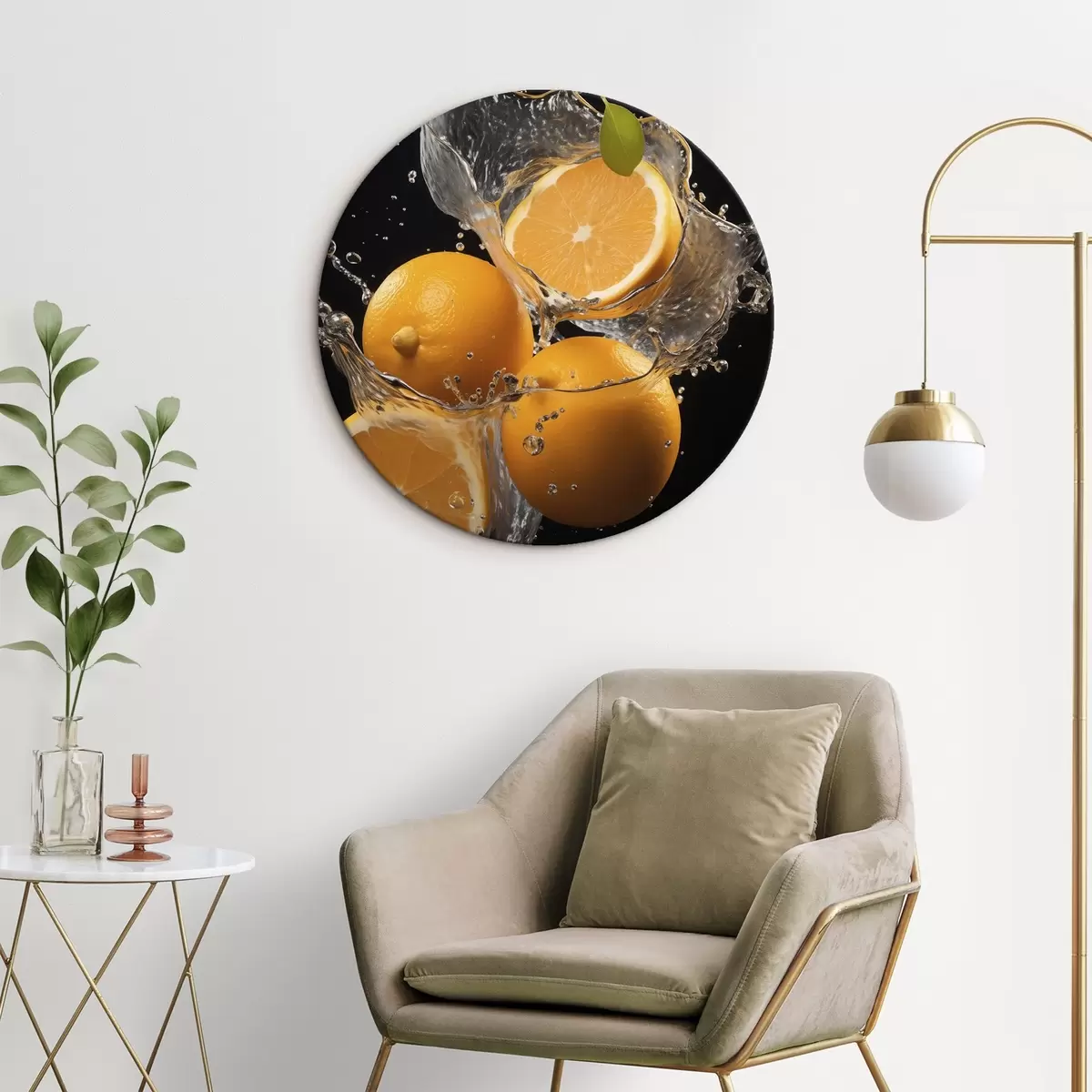 Okrągłe obrazy Soczyste pomarańcze w bryzgach wody r45526