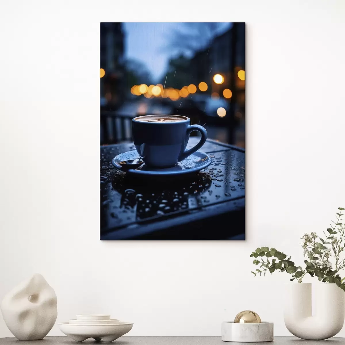 Obraz Filiżanka kawy na stole w deszczu s45497