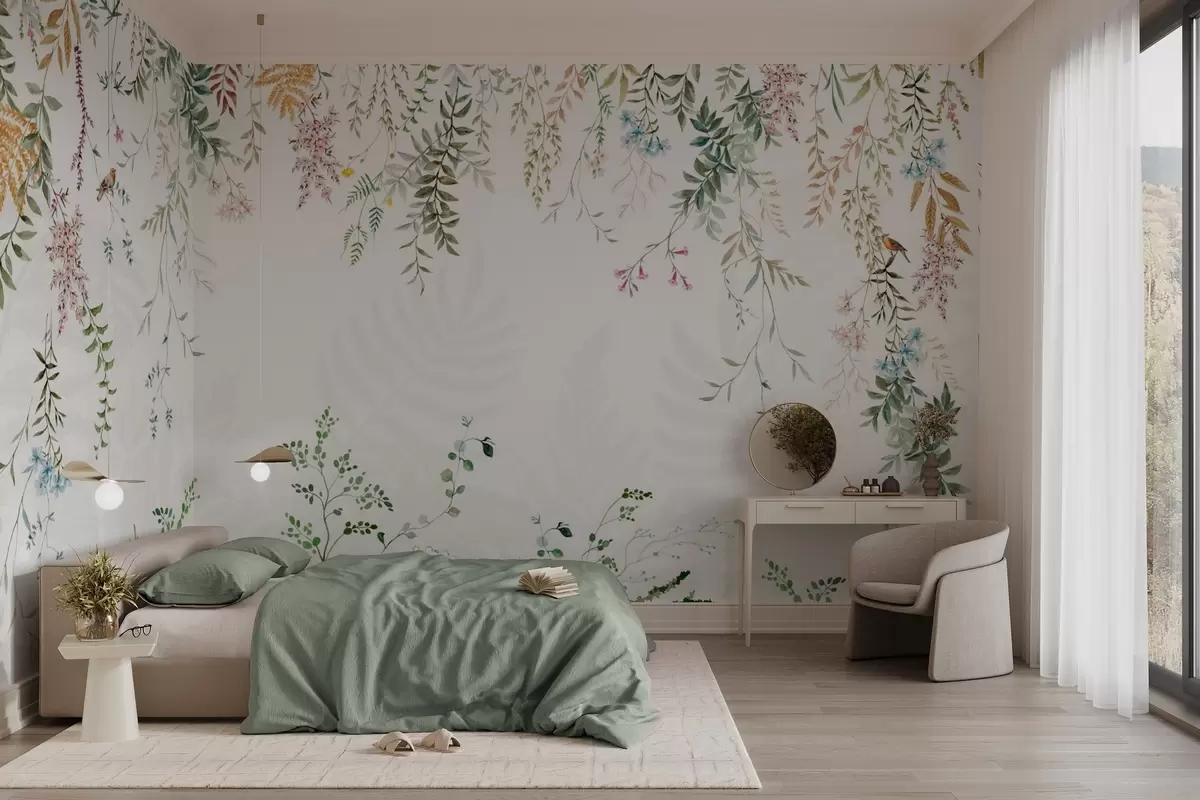 Fototapeta Ilustracja botaniczna z paprociami, trawą i wiszącymi roślinami, pastelowe odcienie, na białym tle akwarela styl teksturowany w09364