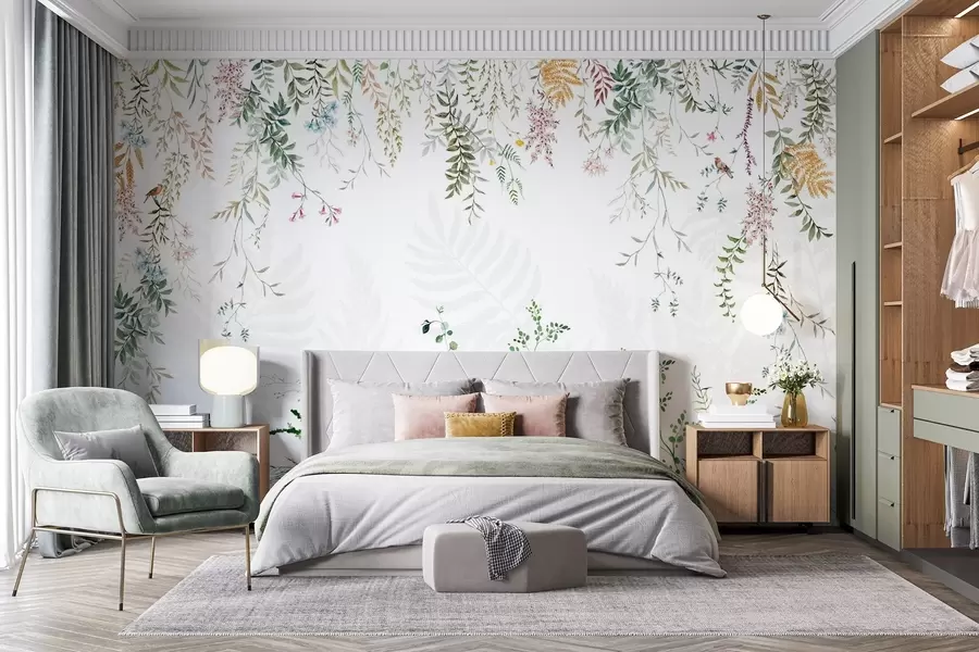 Fototapeta Ilustracja botaniczna z paprociami, trawą i wiszącymi roślinami, pastelowe odcienie, na białym tle akwarela styl teksturowany w09364