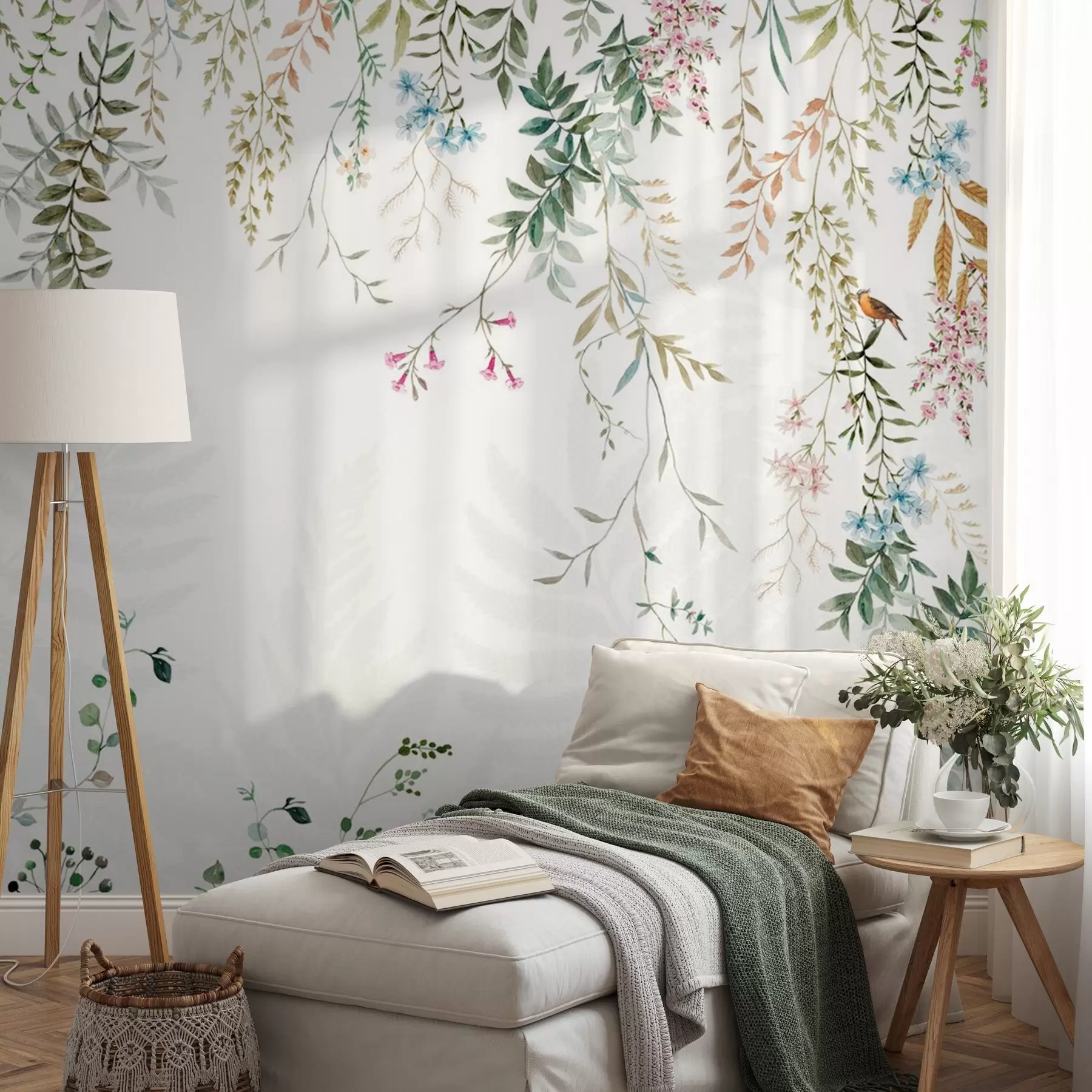 Fototapeta Ilustracja botaniczna z paprociami, trawą i wiszącymi roślinami, pastelowe odcienie, na białym tle akwarela styl teksturowany w09364