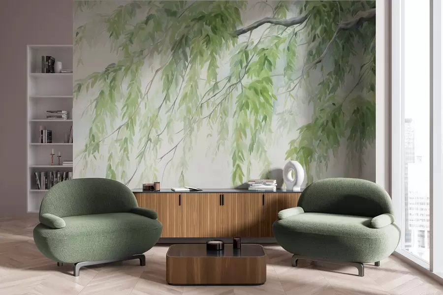 Fototapeta Gałęzie wierzby płaczącej z zielonymi liśćmi zwisającymi w dół, miękkie i delikatne pociągnięcia pędzla, styl malarstwa akwarelowego w09365