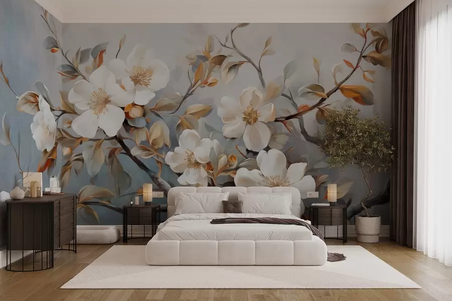 Fototapeta Białe kwiaty z żółtymi słupkami na gałęzi drzewa z liśćmi, jasne tło, styl vintage, teksturowany nadruk w09368