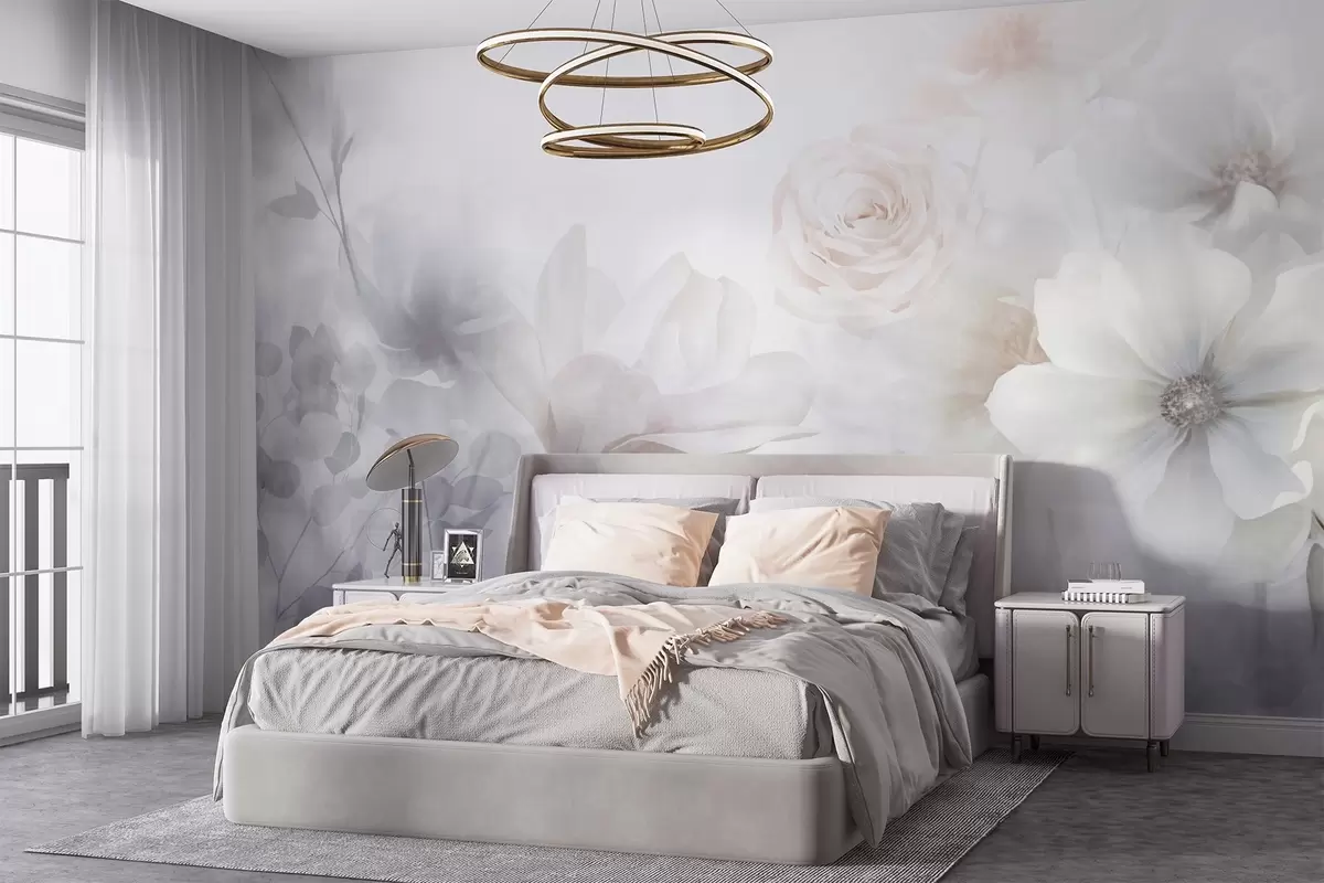 Fototapeta Delikatna abstrakcyjna kompozycja kwiatowa z pastelowymi różowymi różami i magnoliami, miękka ostrość, jasnoszare tło w09371