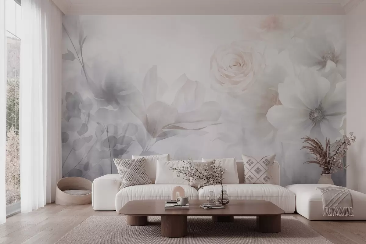 Fototapeta Delikatna abstrakcyjna kompozycja kwiatowa z pastelowymi różowymi różami i magnoliami, miękka ostrość, jasnoszare tło w09371