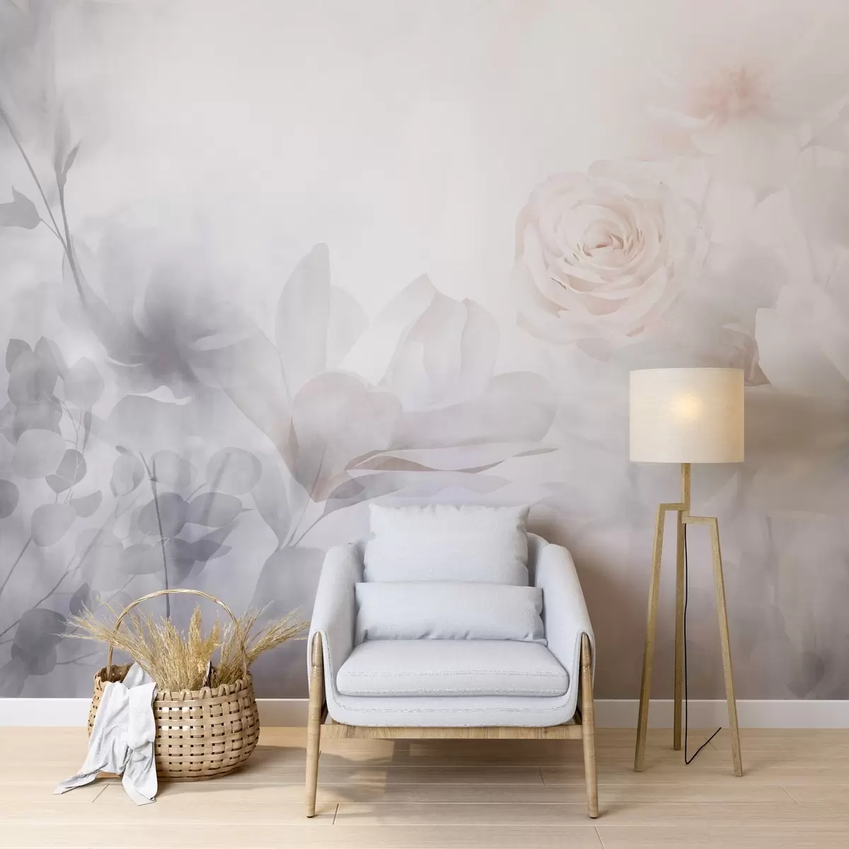 Fototapeta Delikatna abstrakcyjna kompozycja kwiatowa z pastelowymi różowymi różami i magnoliami, miękka ostrość, jasnoszare tło w09371