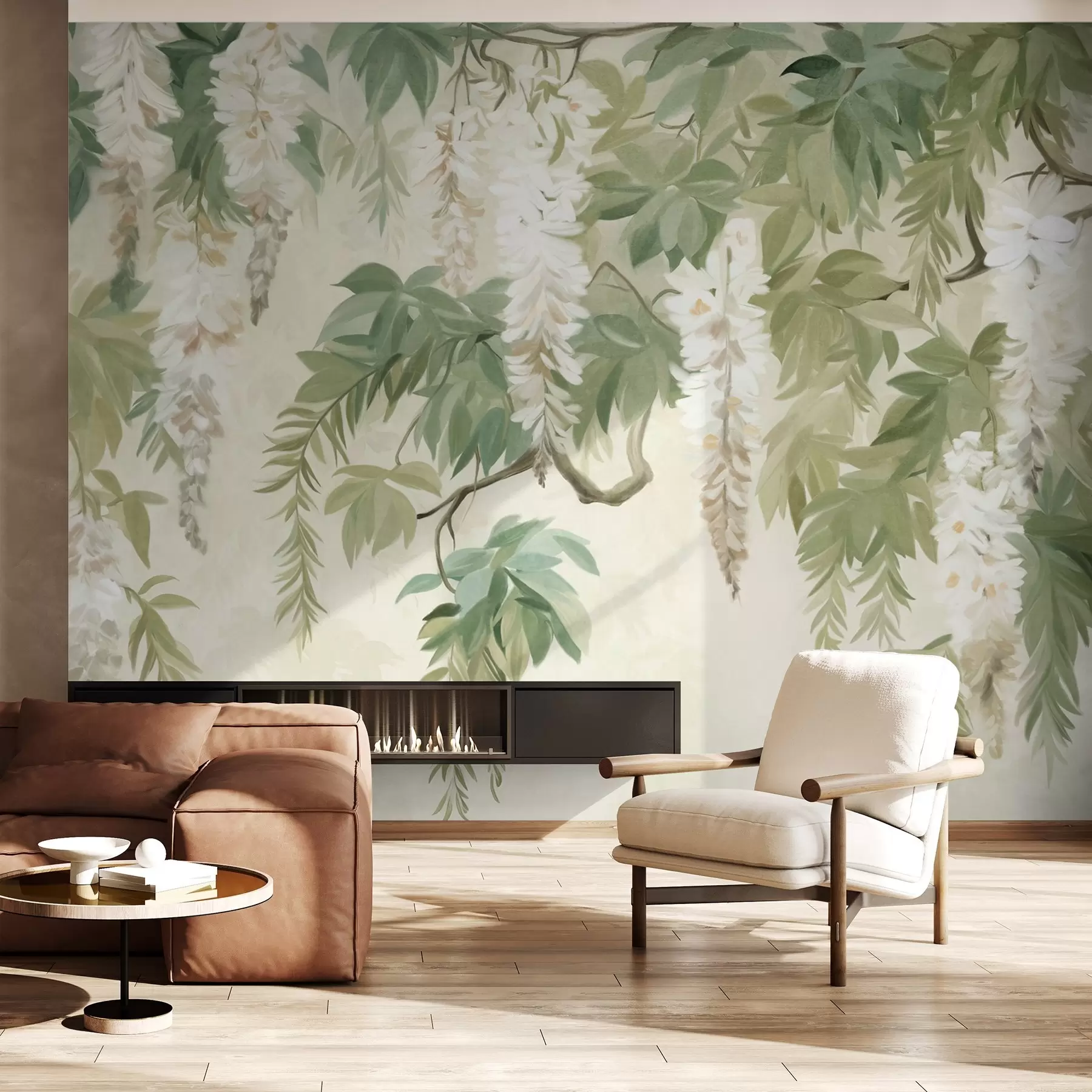 Fototapeta Gałęzie glicynii z białymi kwiatami i zielonymi liśćmi, zielone tło, teksturowany obraz w stylu vintage w09375