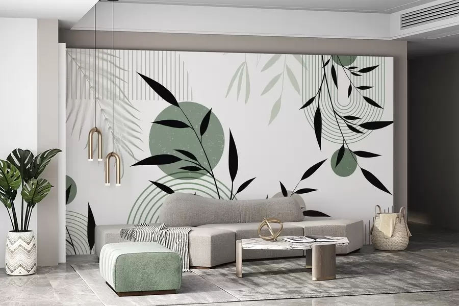 Fototapeta Teksturowany abstrakcyjny nadruk z geometrycznymi kształtami, okręgami i łukami oraz czarnymi i zielonymi roślinami na białym tle w09384