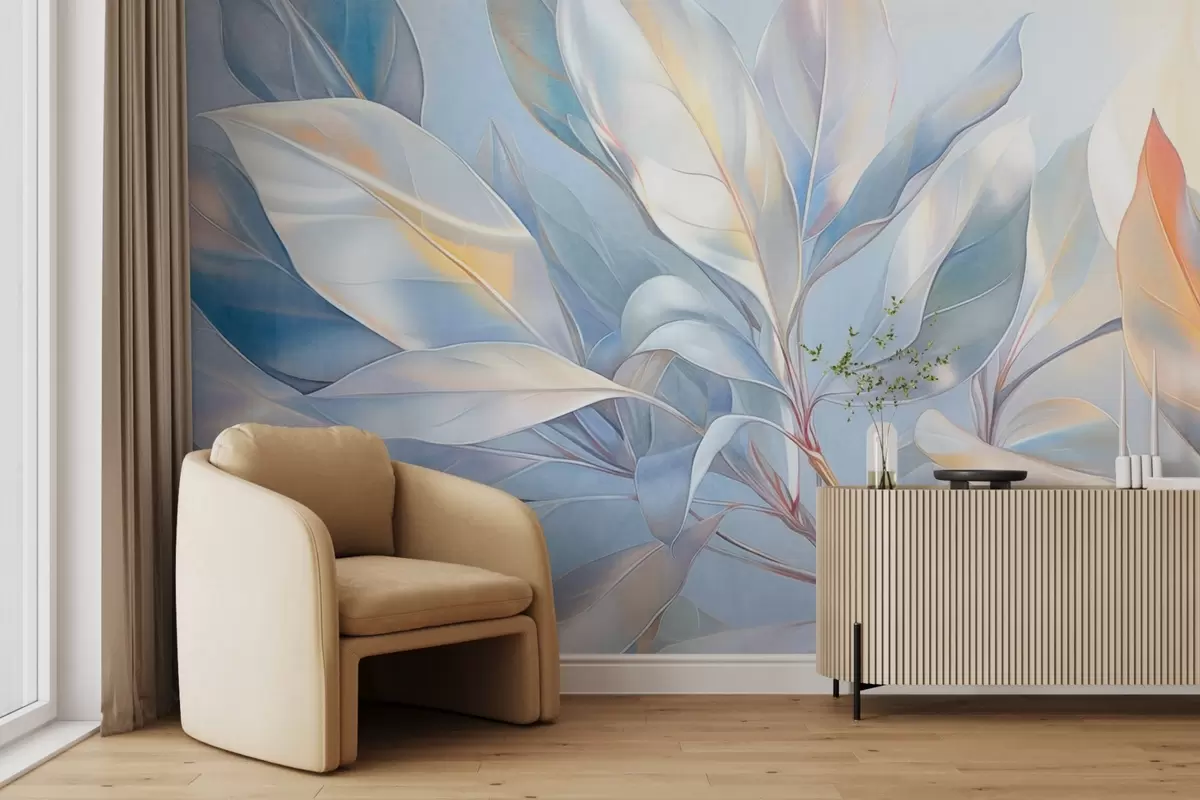 Fototapeta Liście magnolii z białymi i niebieskimi odcieniami, miękkie oświetlenie, elegancka kompozycja, szczegółowe żyłki liści, artystyczne pociągnięcia pędzlem w09385