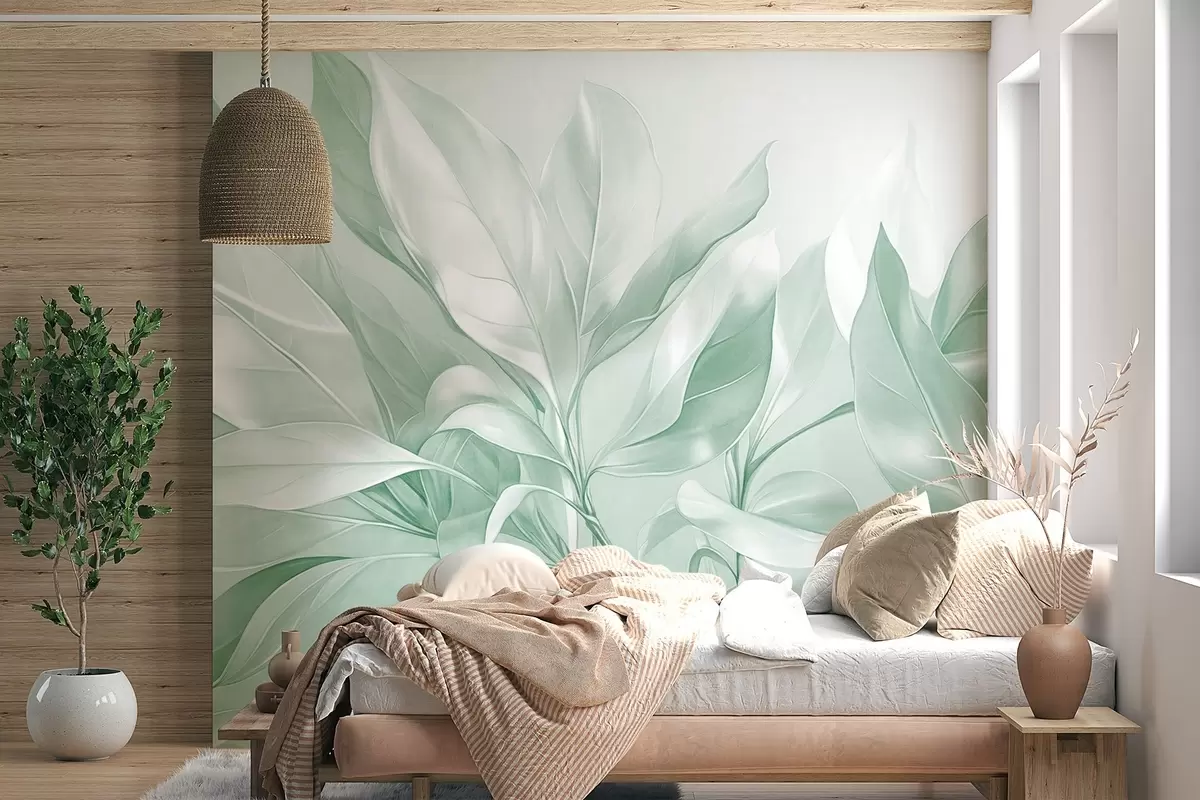 Fototapeta Liście magnolii z białymi i zielonymi odcieniami, miękkie oświetlenie, elegancka kompozycja, szczegółowe żyłki liści, artystyczne pociągnięcia pędzlem w09385v1