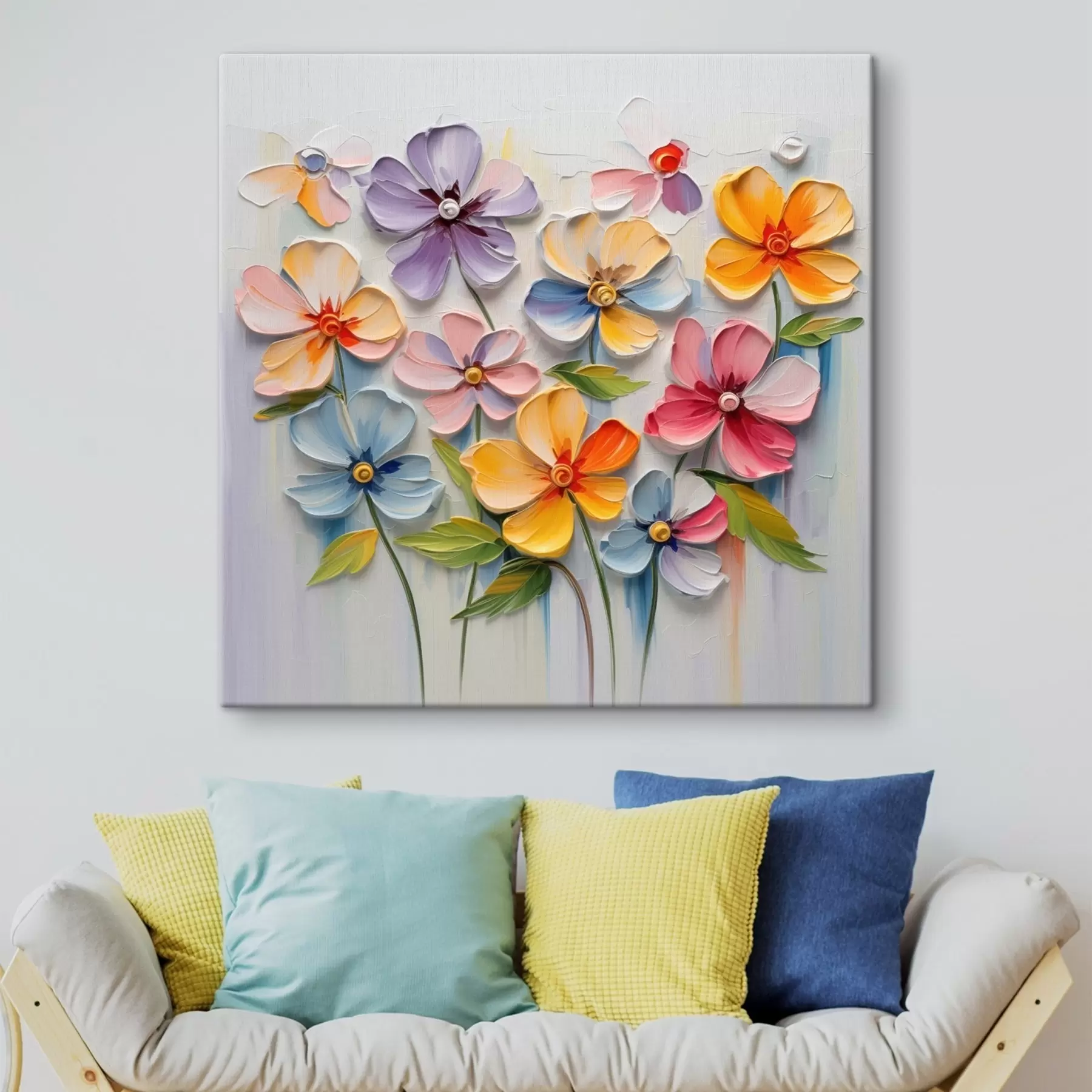 Obraz Kwiatowa martwa natura: wielokolorowe kwiaty w technice impasto s45598