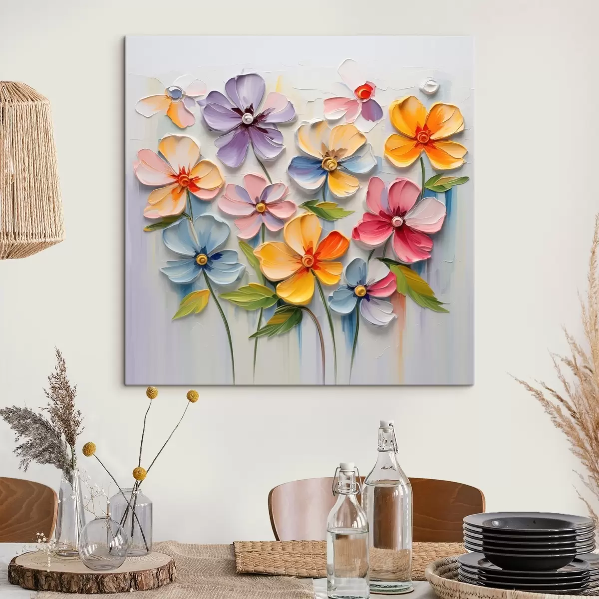 Obraz Kwiatowa martwa natura: wielokolorowe kwiaty w technice impasto s45598