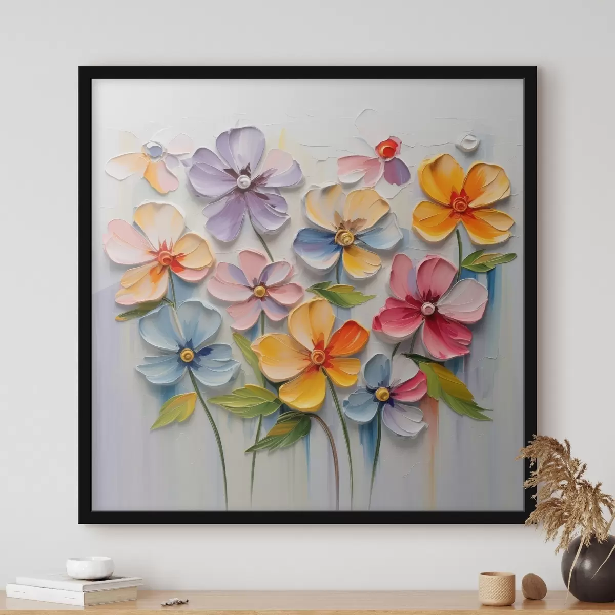 Plakat Kwiatowa martwa natura: wielokolorowe kwiaty w technice impasto f45598