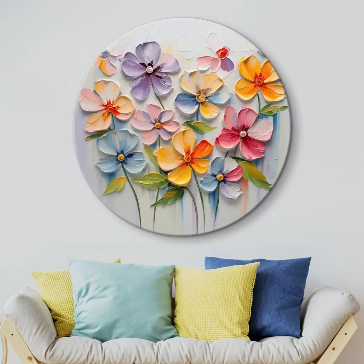 Okrągłe obrazy Kwiatowa martwa natura: wielokolorowe kwiaty w technice impasto r45598