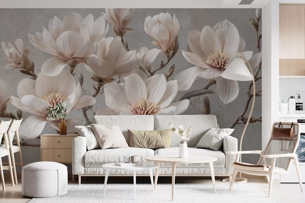 Fototapeta Gałęzie magnolii z dużymi, jasnymi kwiatami w stonowanych odcieniach w09305