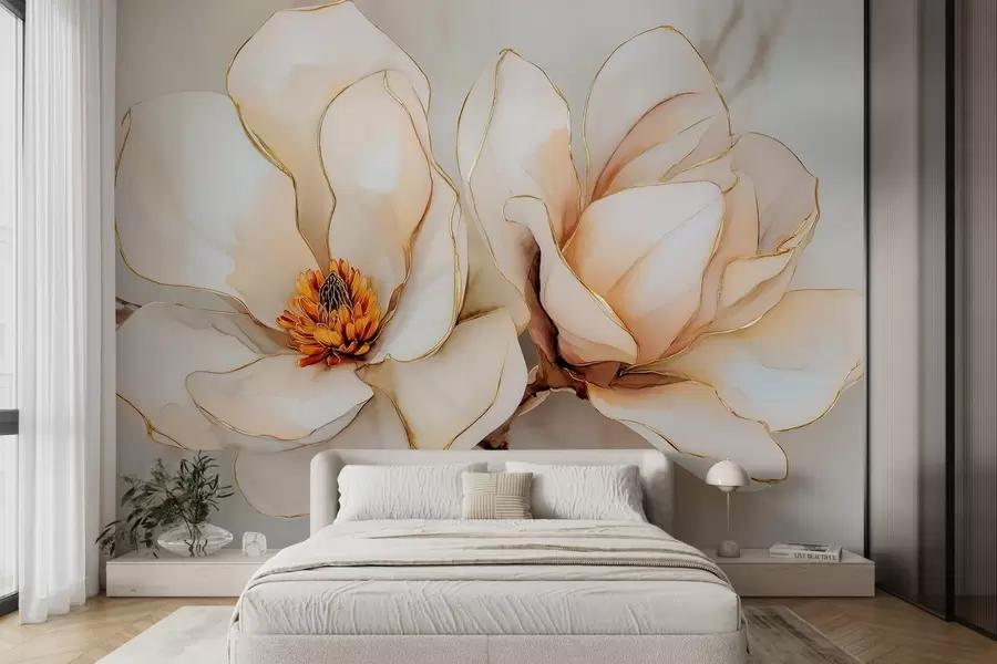 Fototapeta Duże, jasne kwiaty magnolii o delikatnych płatkach w09308
