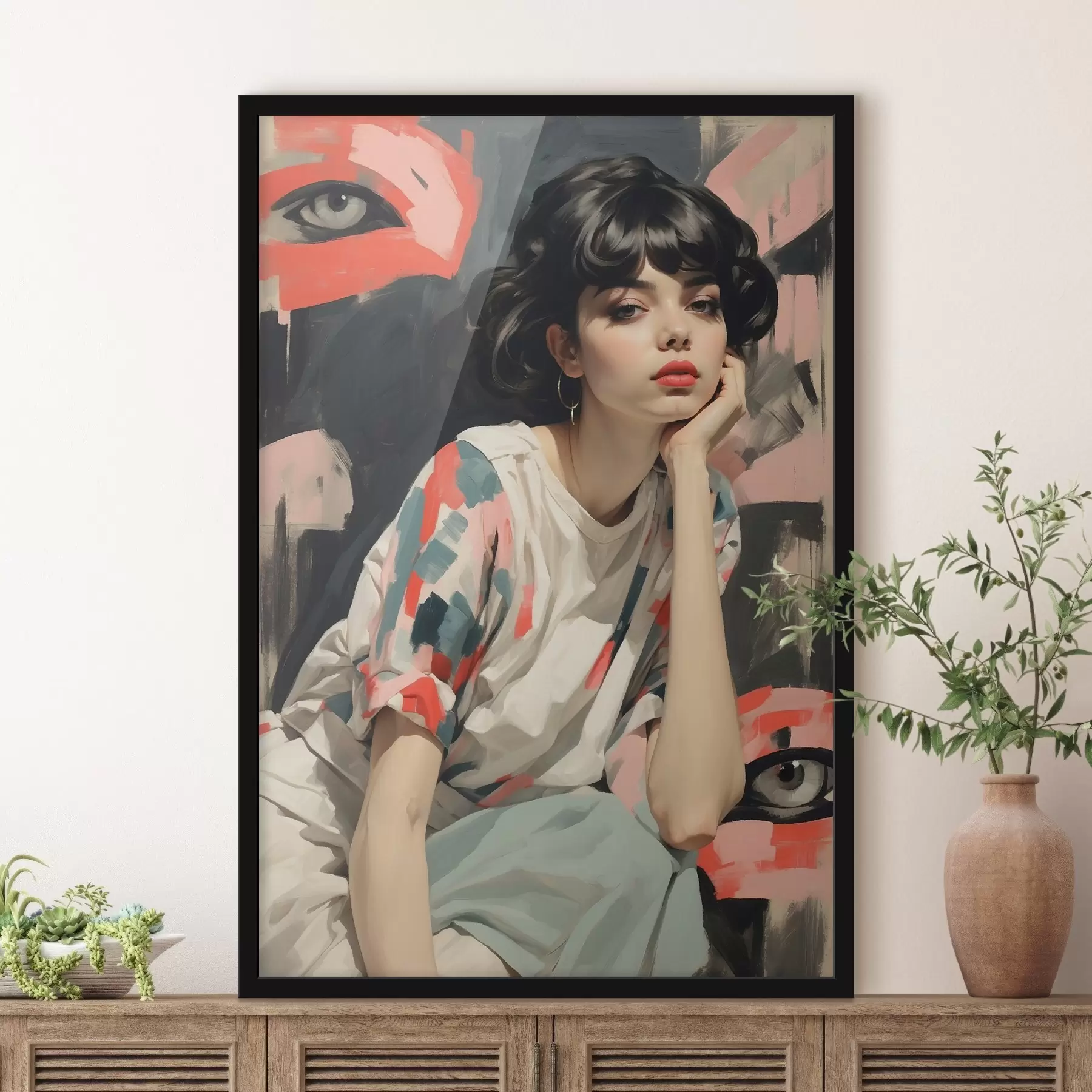 Fototapeta Portret dziewczyny na tle z oczami i abstrakcyjnymi pociągnięciami f45623