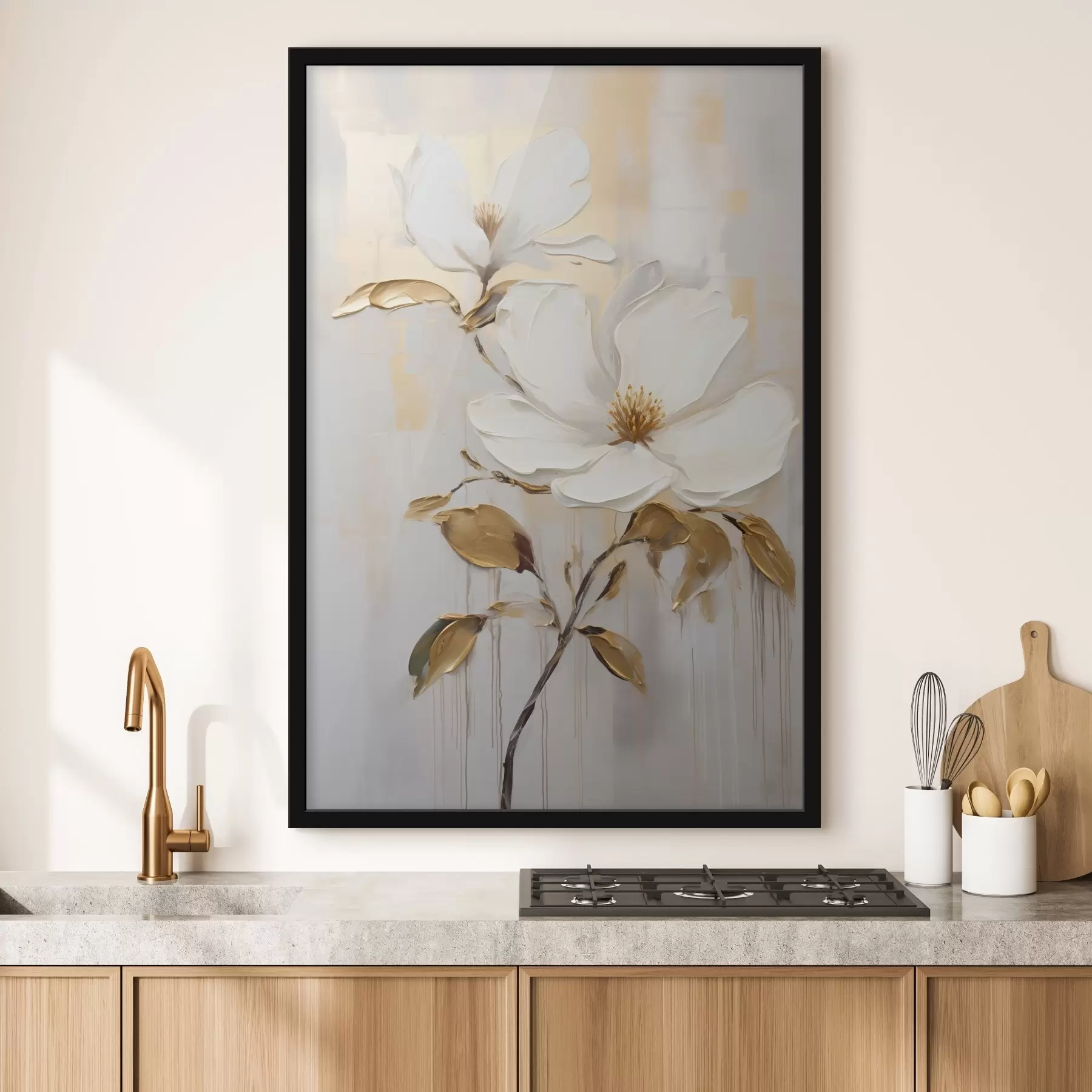 Fototapeta Dwa białe kwiaty z żółto-pomarańczowymi liśćmi na jasnym tle f45691