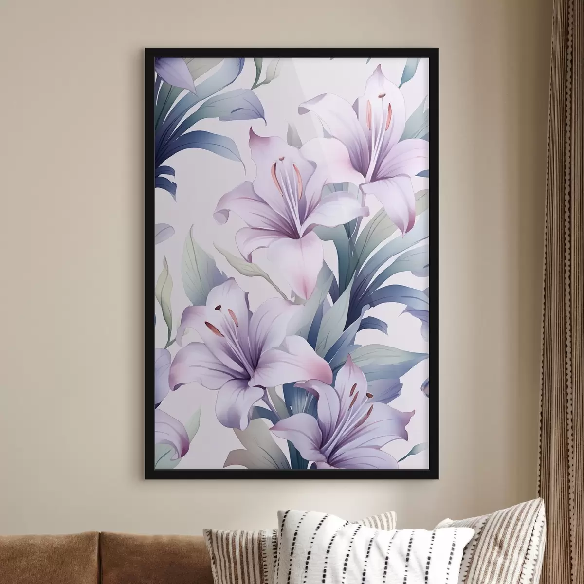 Plakat Duże różowo-fioletowe lilie z zielonymi liśćmi f45698
