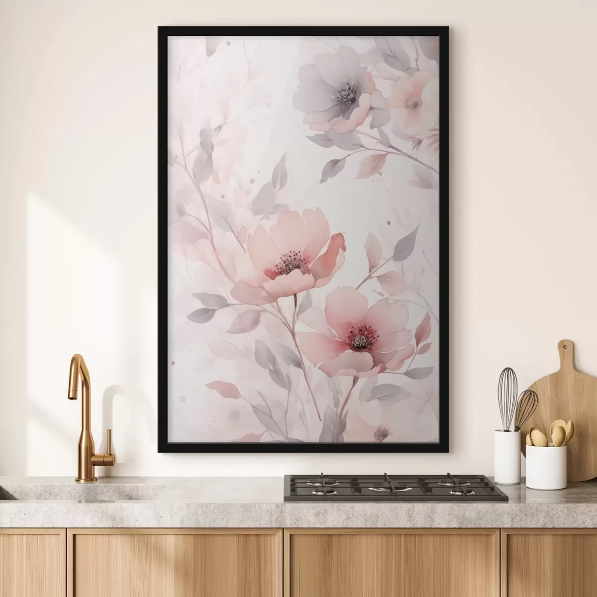 Plakat Delikatne różowo-szare kwiaty z efektem akwareli f45702