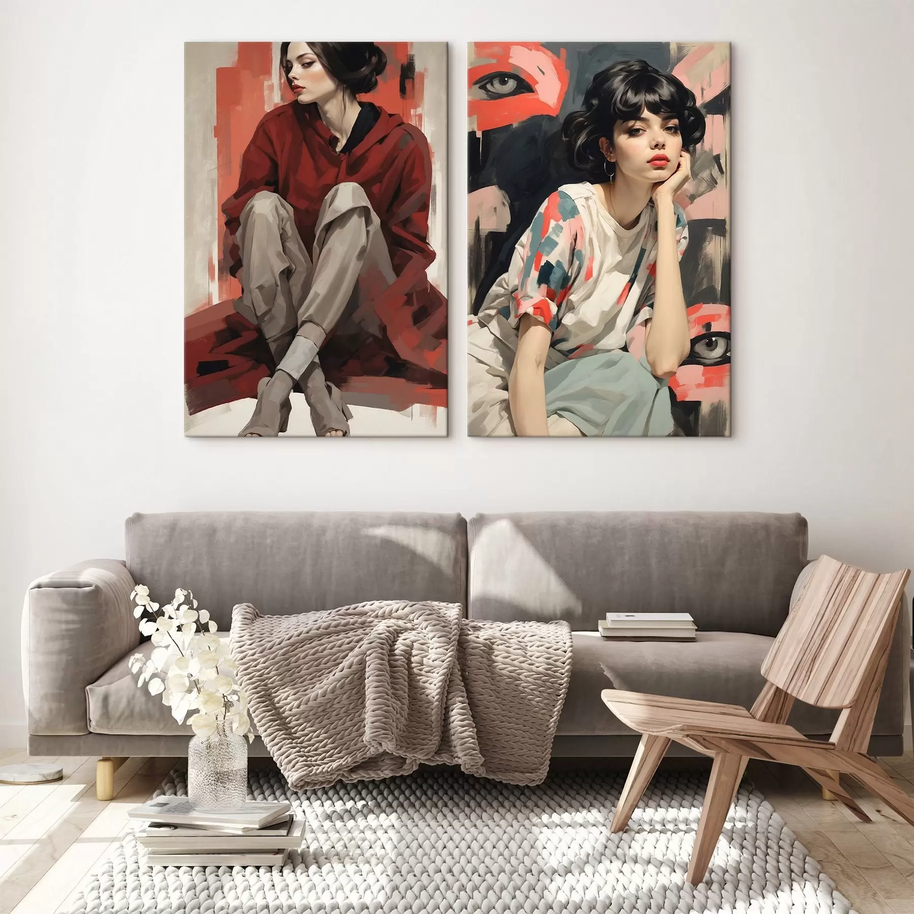 Obraz Portrety dziewcząt w czerwonym i beżowym abstrakcyjnym stylu m00695