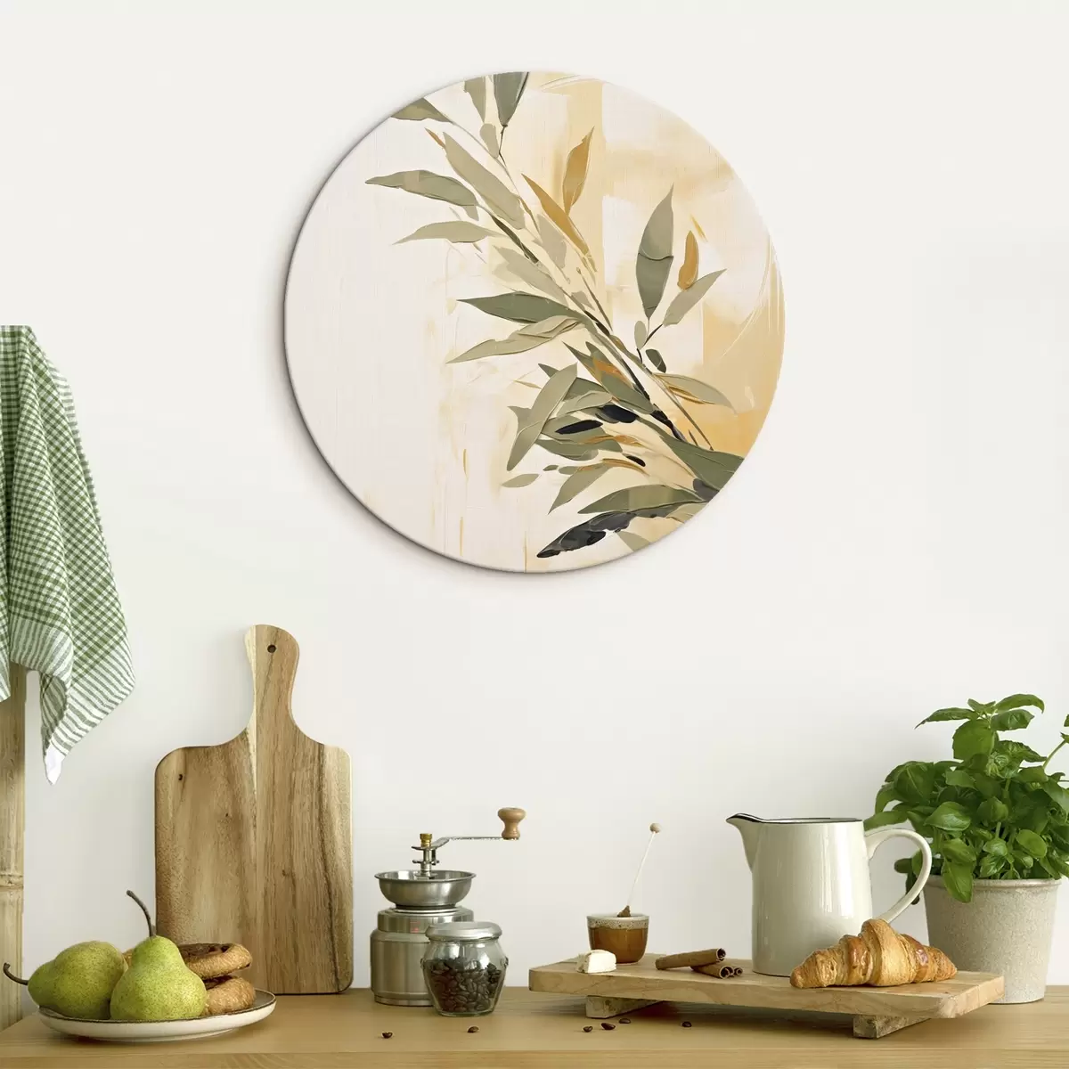 Okrągłe obrazy Botaniczna gałąź z zielonymi liśćmi na ciepłym tle r45690