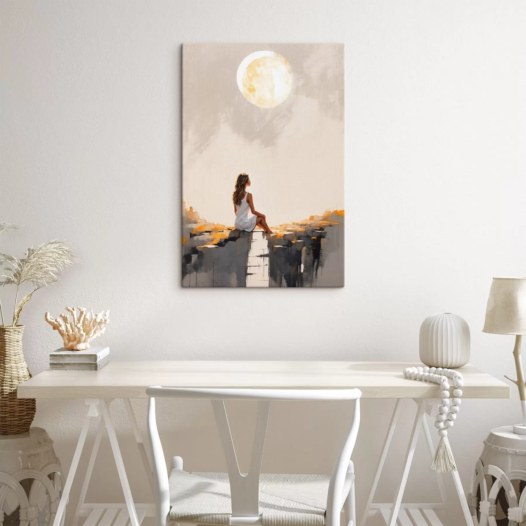 Obraz Dziewczyna w białej sukience siedząca pod dużym księżycem s45621