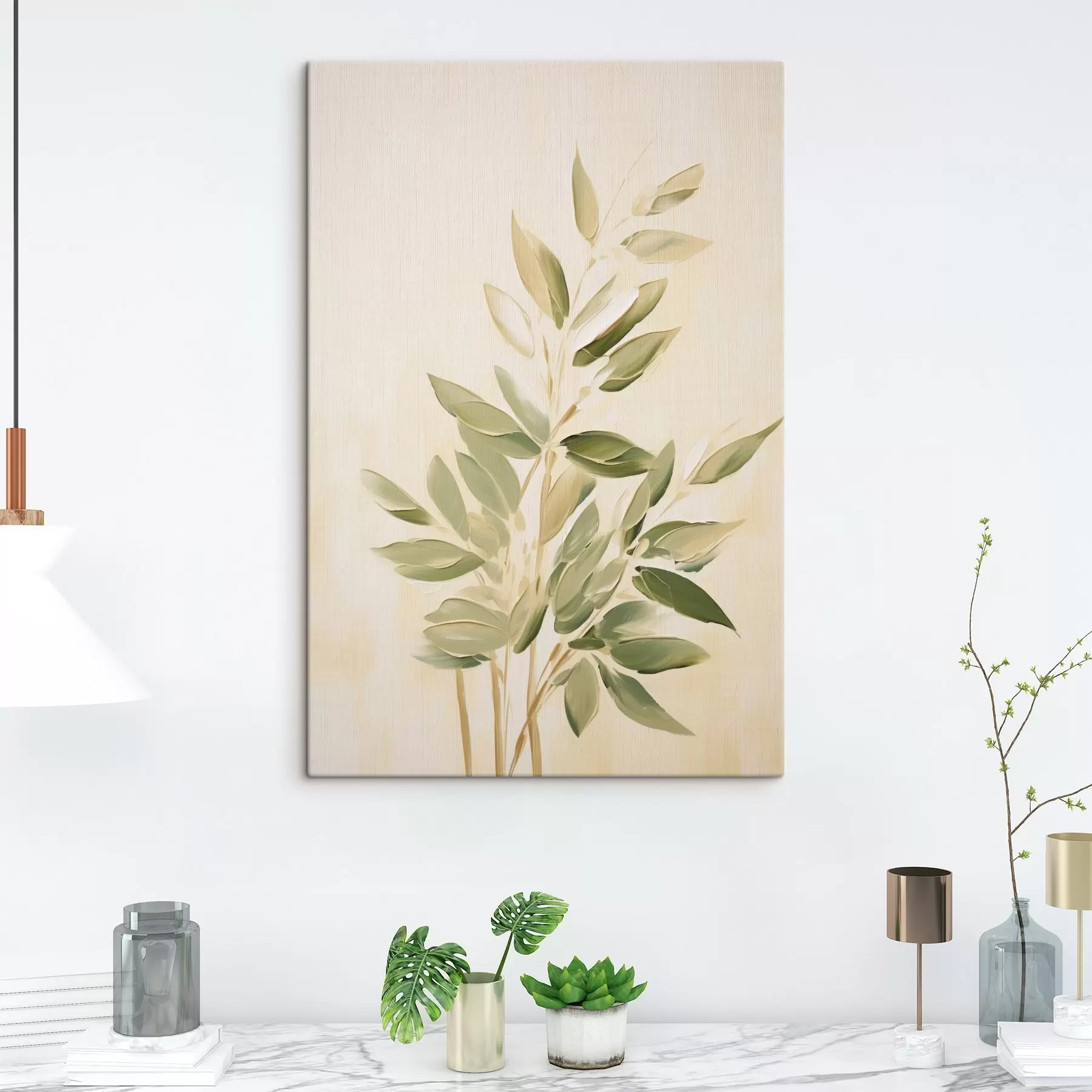 Obraz Gałązka z zielonymi liśćmi na jasnobeżowym tle s45689