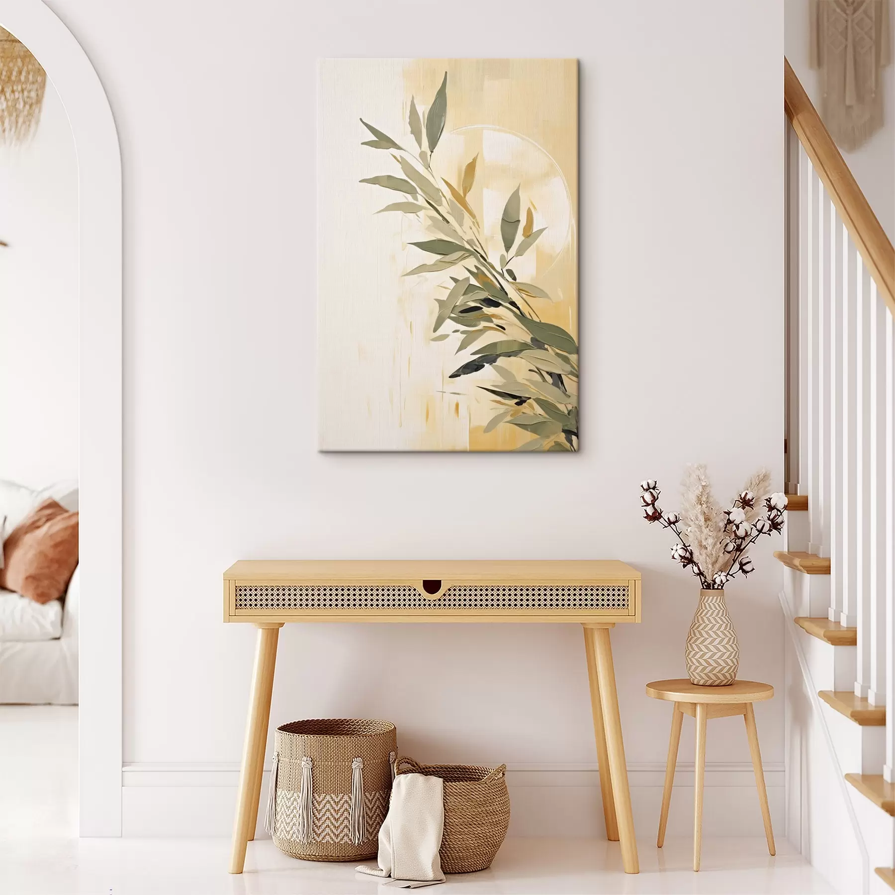 Obraz Botaniczna gałąź z zielonymi liśćmi na ciepłym tle s45690