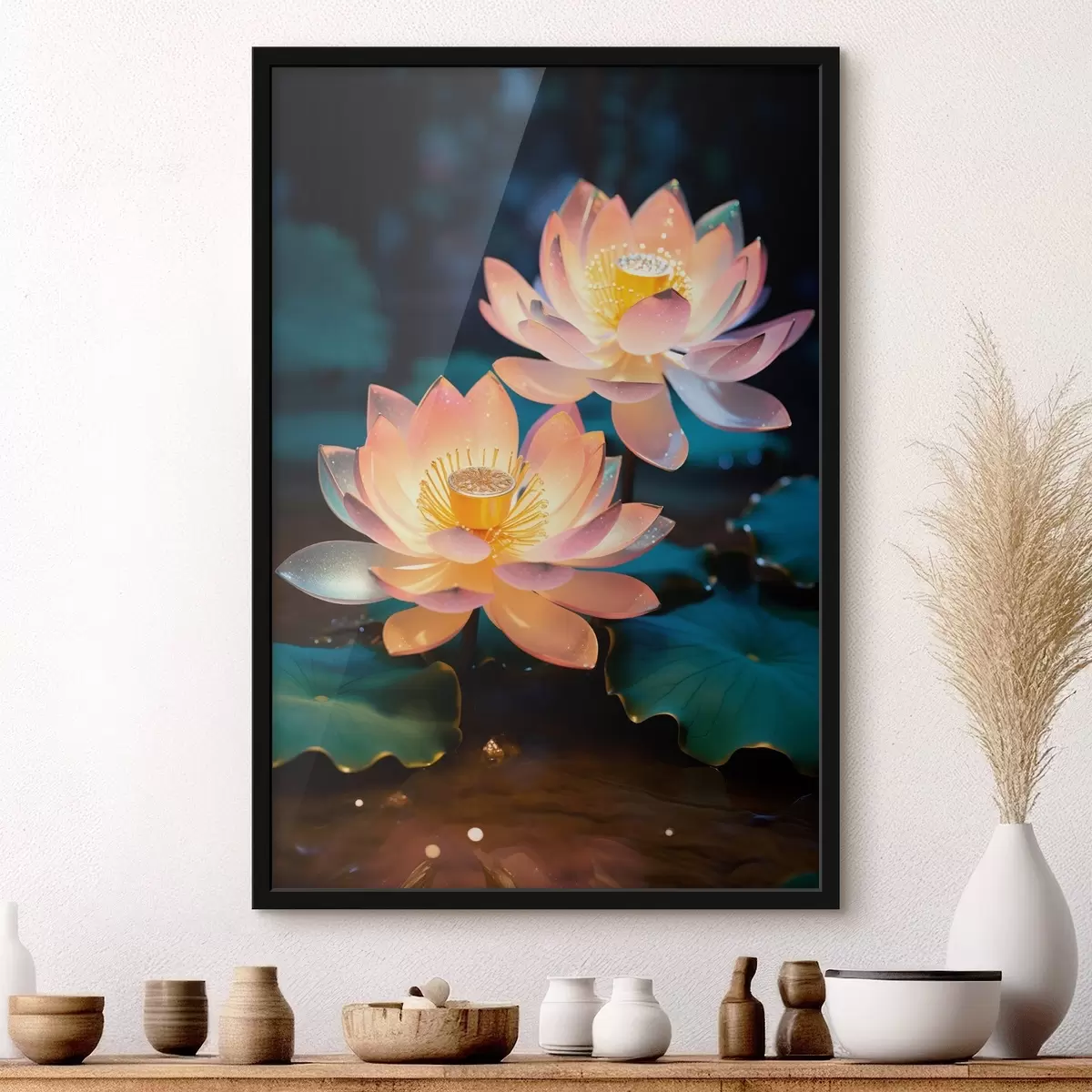 Plakat Delikatne kwiaty lotosu na wodzie w stylu realizmu f45644
