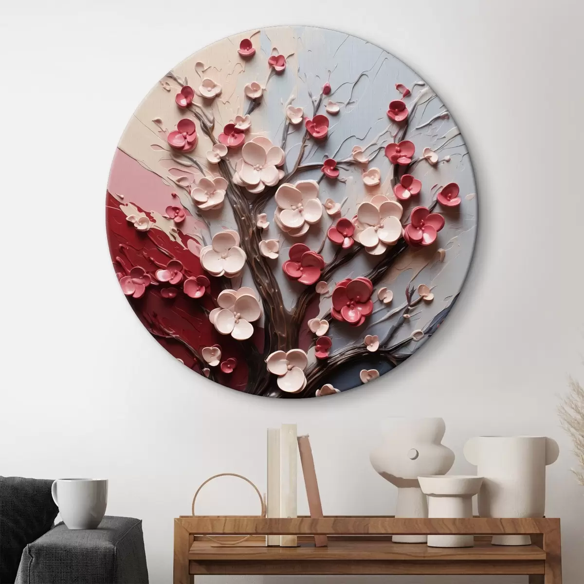 Okrągłe obrazy Wolumetryczna sakura w teksturowanym stylu malarskim r45650