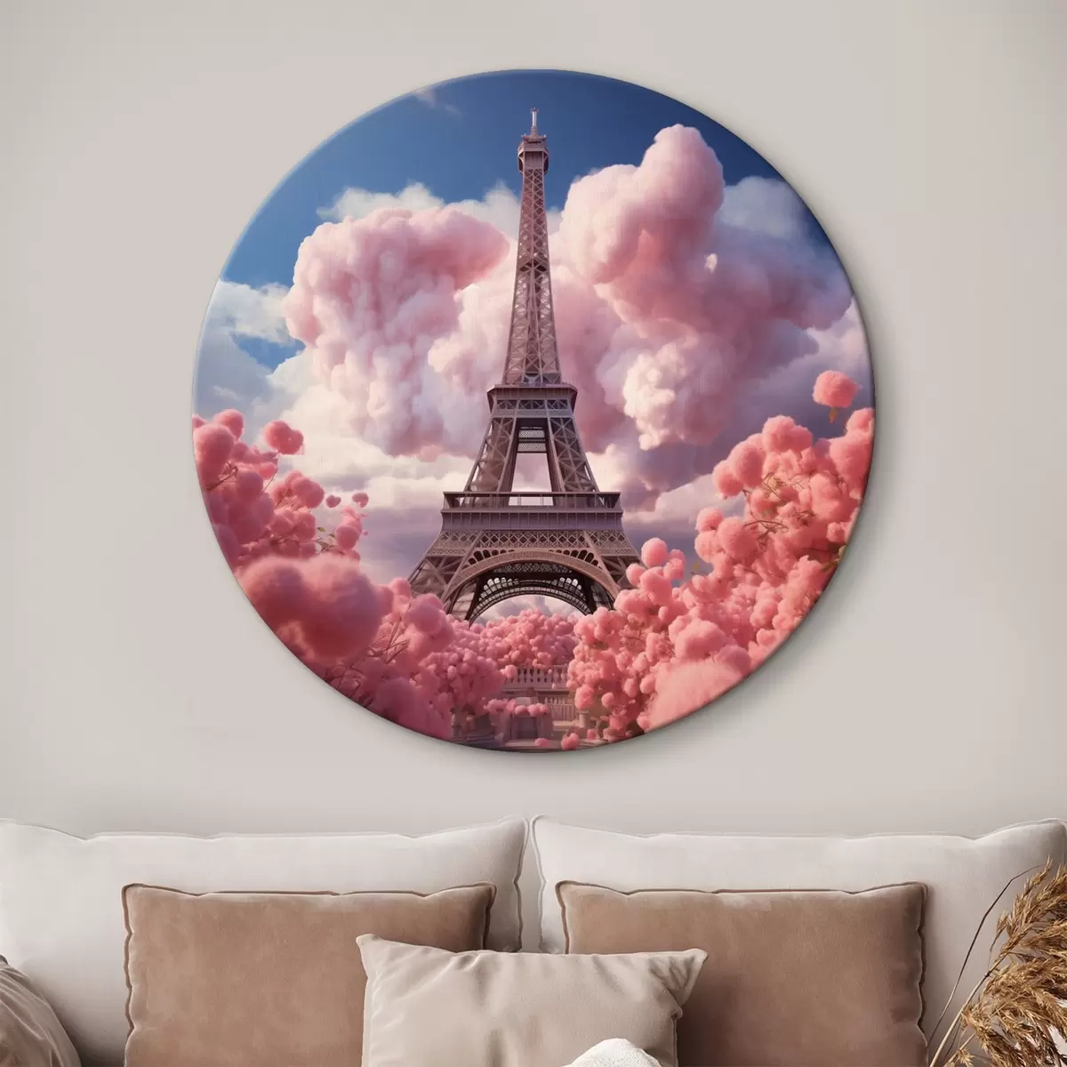 Okrągłe obrazy Wieża Eiffla w różowych chmurach w stylu fantasy r45036