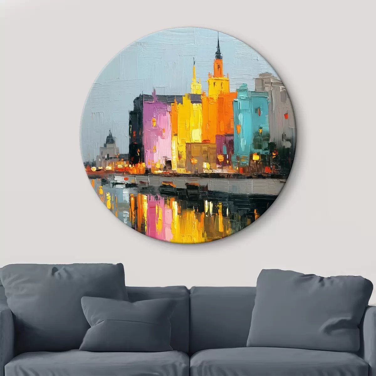 Okrągłe obrazy Światła miasta: żywy krajobraz w stylu impasto r45242
