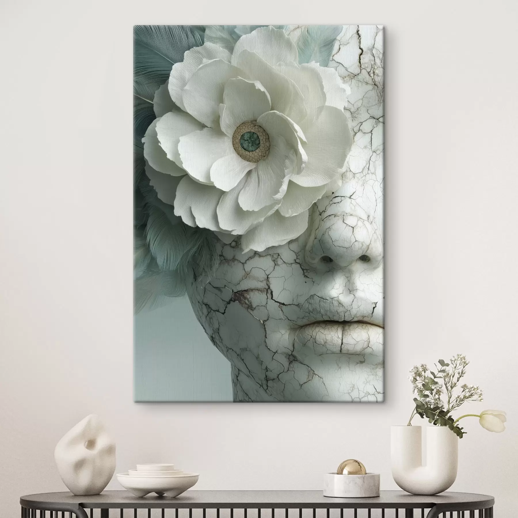 Obraz marmurowa twarz dziewczyny z kwiatem s45709