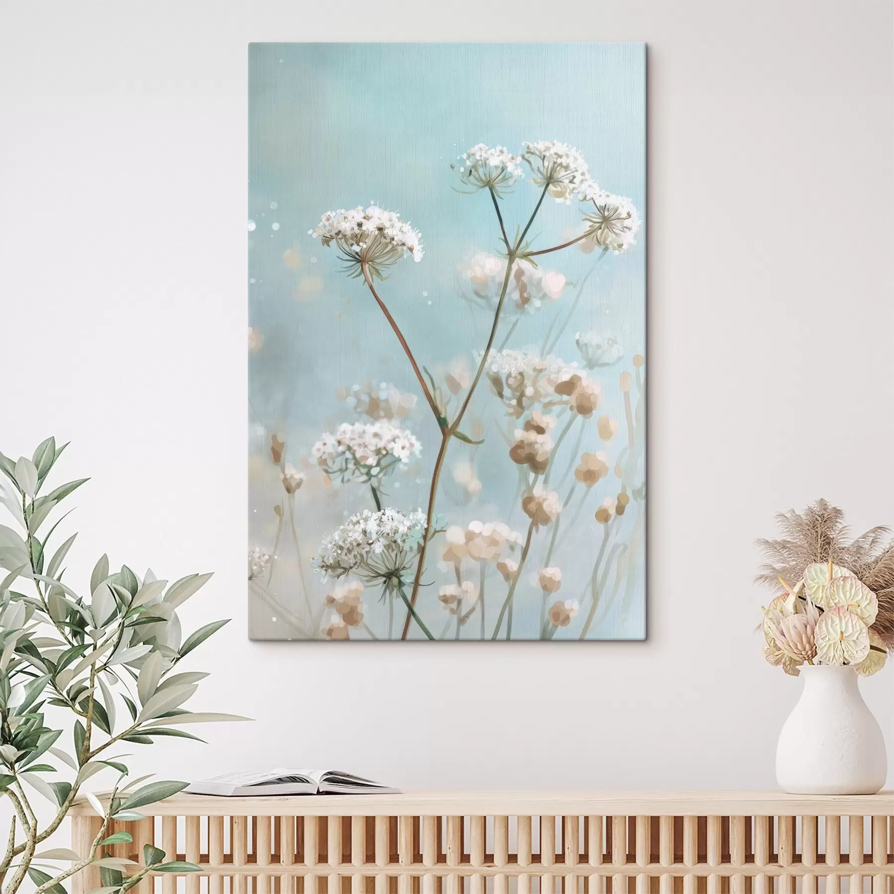 Obraz Kwiaty Queen Anne's Lace w stylu akwareli na niebieskim tle s45722