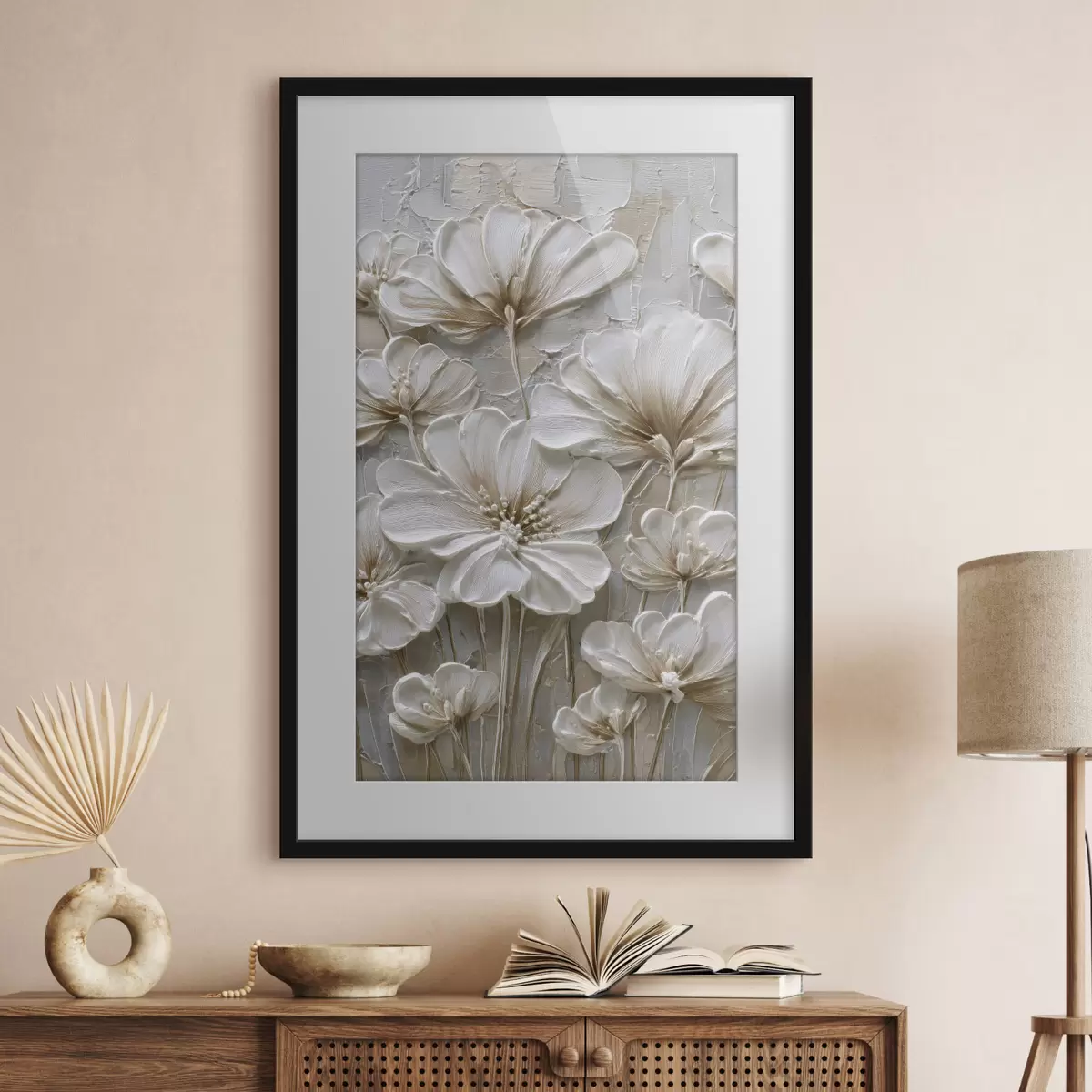 Plakat kremowe kwiaty w stylu imitującym impasto f45712