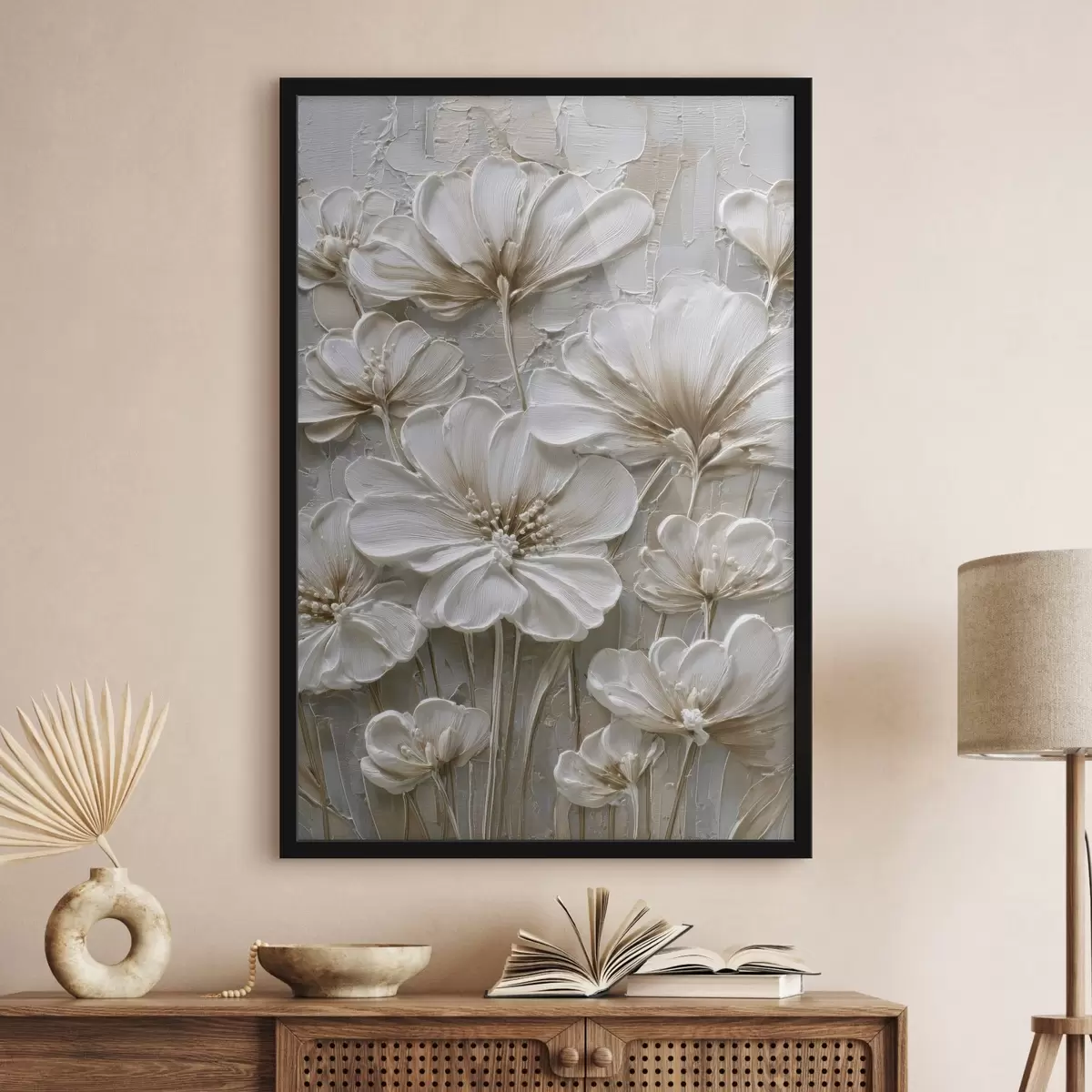 Plakat kremowe kwiaty w stylu imitującym impasto f45712